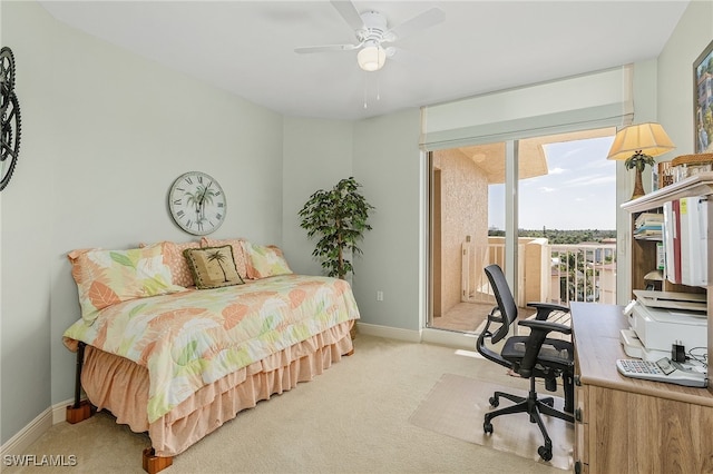 carpeted bedroom with ceiling fan and access to exterior