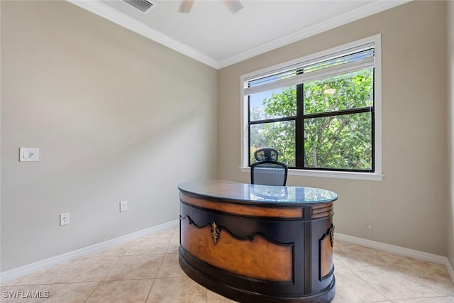 home office featuring ceiling fan, light tile patterned flooring, and ornamental molding