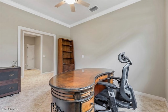 tiled office space featuring ceiling fan and crown molding