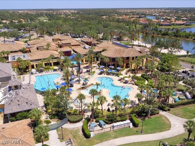 aerial view featuring a water view