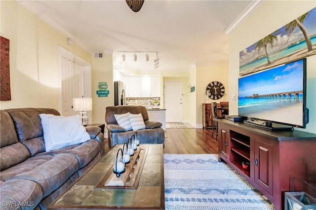 living room featuring hardwood / wood-style flooring, ornamental molding, and track lighting