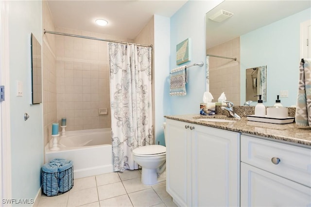 full bathroom with toilet, tile patterned flooring, vanity, and shower / tub combo with curtain