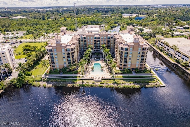 birds eye view of property featuring a water view