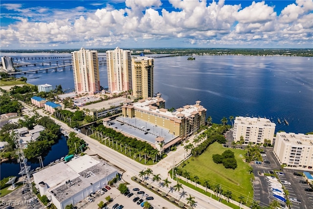 birds eye view of property featuring a water view