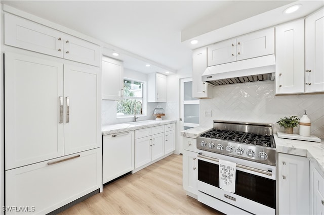 kitchen featuring tasteful backsplash, white cabinets, range hood, and premium appliances