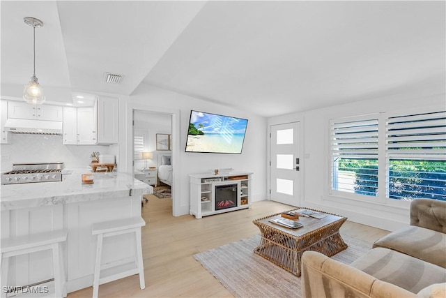 living room with a fireplace and light wood-type flooring