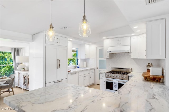 kitchen featuring decorative light fixtures, white cabinetry, backsplash, high end appliances, and light stone counters