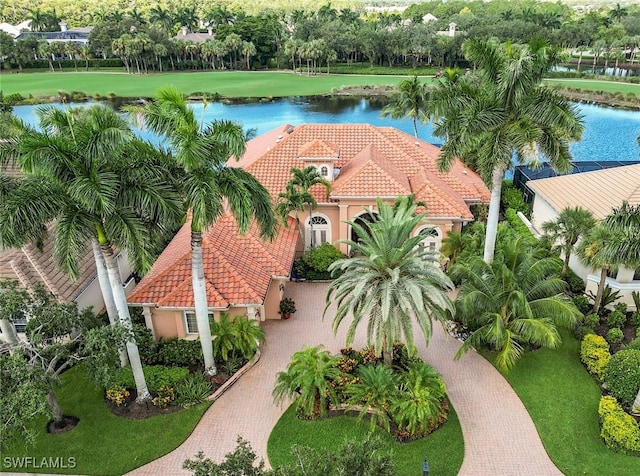 birds eye view of property featuring a water view