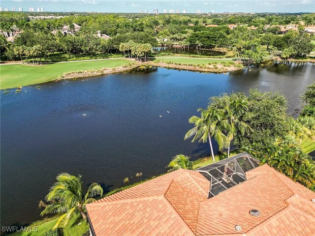 bird's eye view with a water view