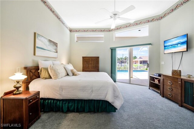 bedroom with access to outside, carpet flooring, and ceiling fan