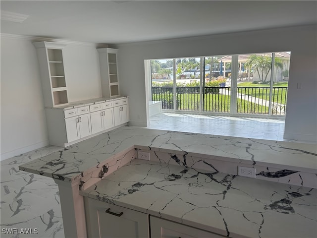 222 Harbour Dr Unit 114, Naples, FL 34103 - kitchen with light stone counters, ornamental molding, and white cabinetry