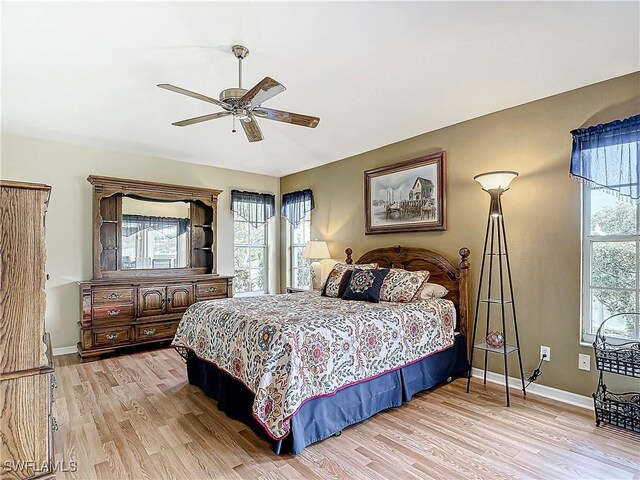 bedroom with ceiling fan and light hardwood / wood-style floors