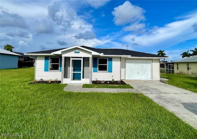 ranch-style home featuring a garage and a front lawn