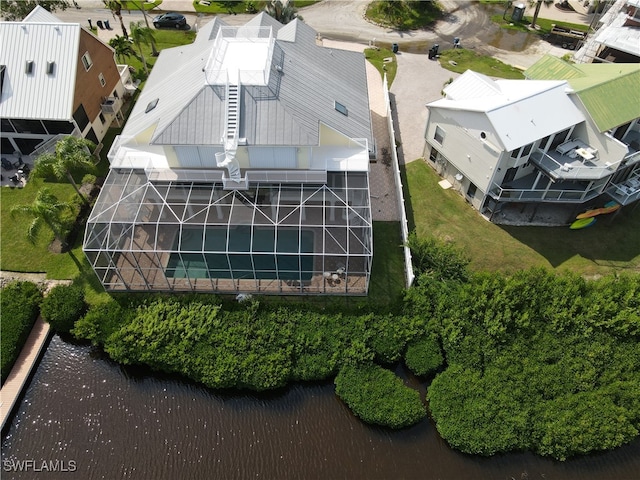 aerial view featuring a water view