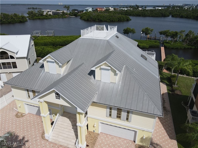 aerial view featuring a water view