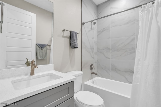 full bathroom featuring shower / tub combo, toilet, and vanity