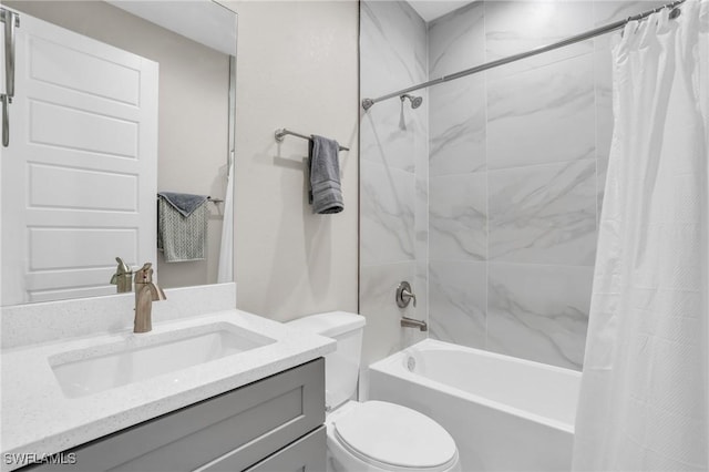 bathroom with toilet, shower / tub combo with curtain, and vanity