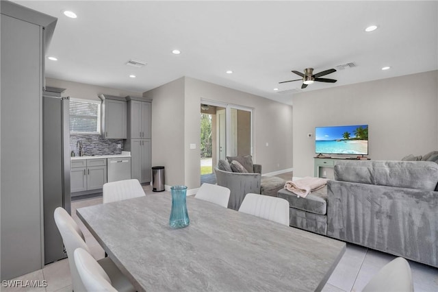 dining area with ceiling fan, visible vents, baseboards, and recessed lighting