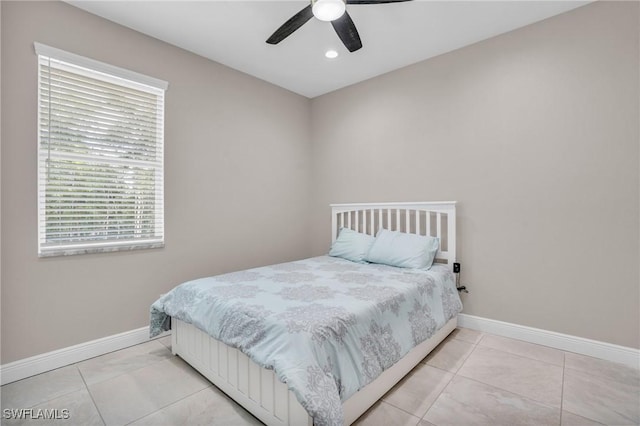 bedroom featuring light tile patterned floors, ceiling fan, baseboards, and recessed lighting