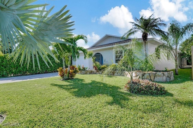 view of front facade with a front lawn and stucco siding