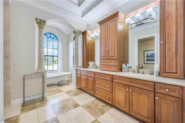 bathroom featuring a washtub, crown molding, tile patterned flooring, decorative columns, and dual bowl vanity