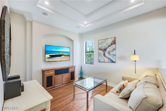 living room featuring a raised ceiling and hardwood / wood-style flooring