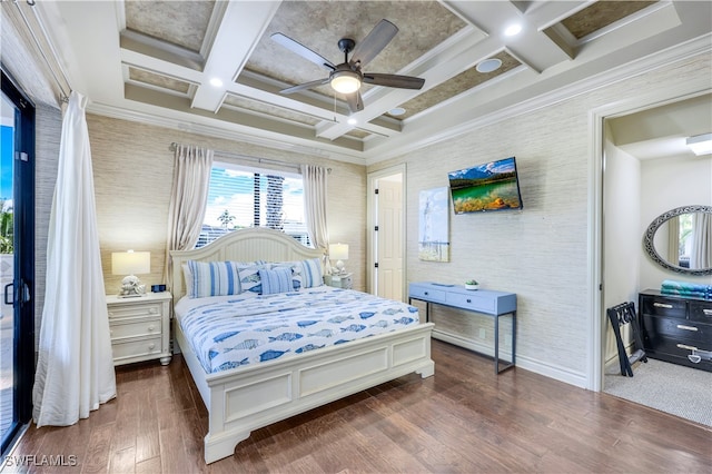 bedroom featuring ceiling fan, beamed ceiling, coffered ceiling, and hardwood / wood-style flooring