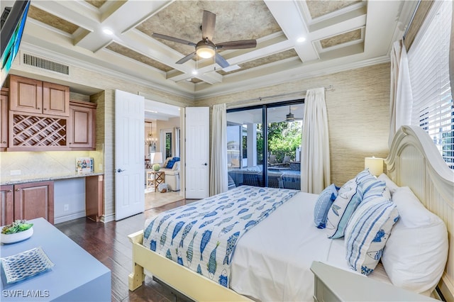 bedroom with ceiling fan, access to outside, coffered ceiling, beamed ceiling, and dark hardwood / wood-style flooring