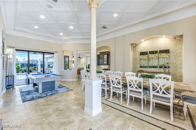 dining area with coffered ceiling, light tile patterned flooring, billiards, and a high ceiling