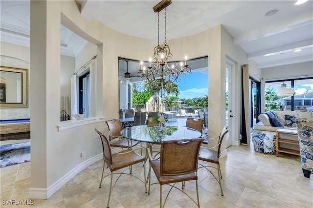 tiled dining room featuring a notable chandelier