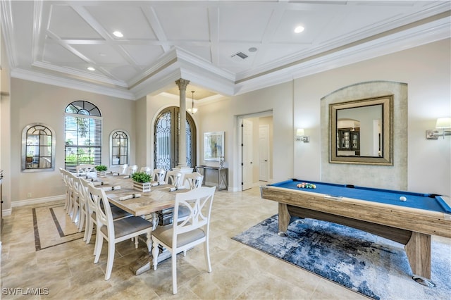 game room featuring coffered ceiling, billiards, ornamental molding, and light tile patterned floors