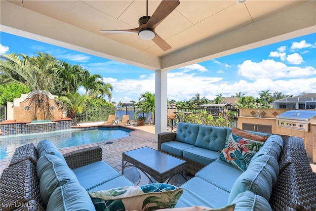 view of patio / terrace featuring ceiling fan, a fenced in pool, outdoor lounge area, and area for grilling