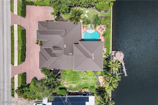 birds eye view of property featuring a water view