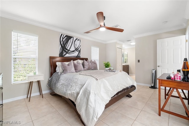 tiled bedroom featuring ornamental molding, ensuite bath, and ceiling fan