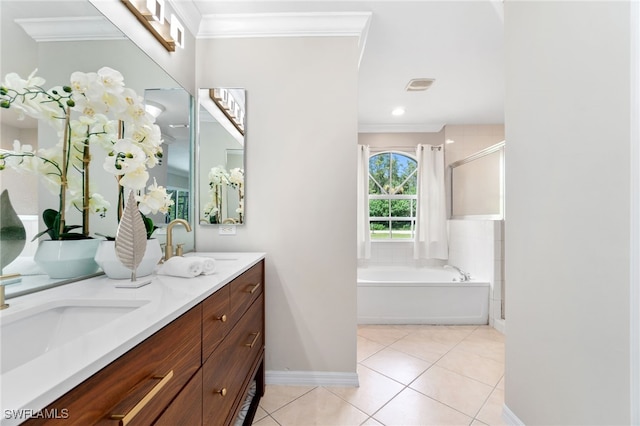 bathroom featuring ornamental molding, tile patterned floors, vanity, and separate shower and tub