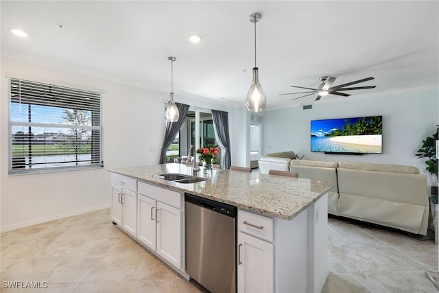 kitchen with an island with sink, white cabinetry, dishwasher, sink, and light tile patterned flooring