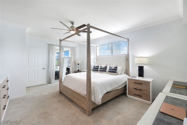 carpeted bedroom with ceiling fan, access to exterior, and ornamental molding