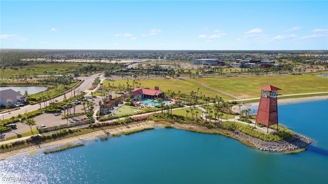 bird's eye view with a water view