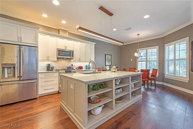 kitchen featuring dark wood finished floors, open shelves, a sink, white cabinets, and appliances with stainless steel finishes