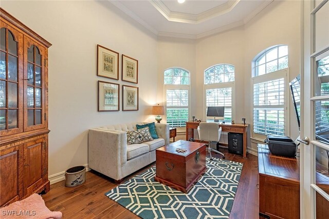 home office featuring a raised ceiling, crown molding, baseboards, and hardwood / wood-style floors