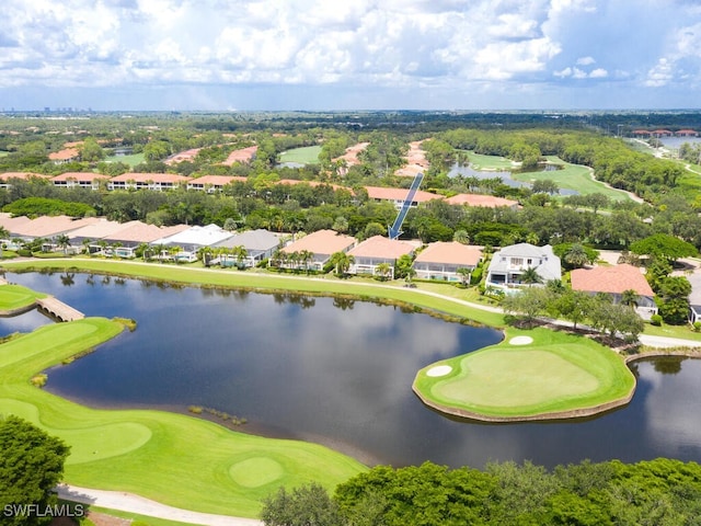 bird's eye view with a residential view, view of golf course, and a water view