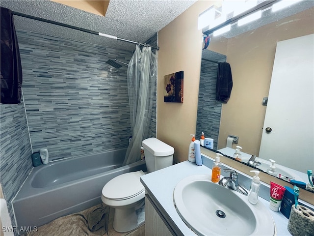 full bathroom featuring vanity, a textured ceiling, toilet, and shower / bath combo