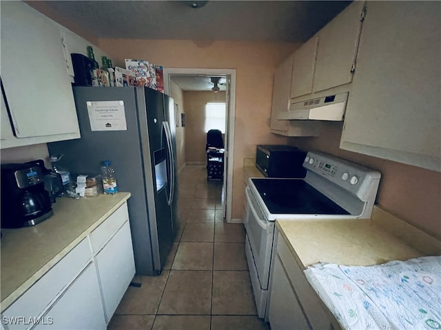 kitchen featuring stainless steel fridge with ice dispenser, white cabinets, ventilation hood, tile patterned floors, and electric range