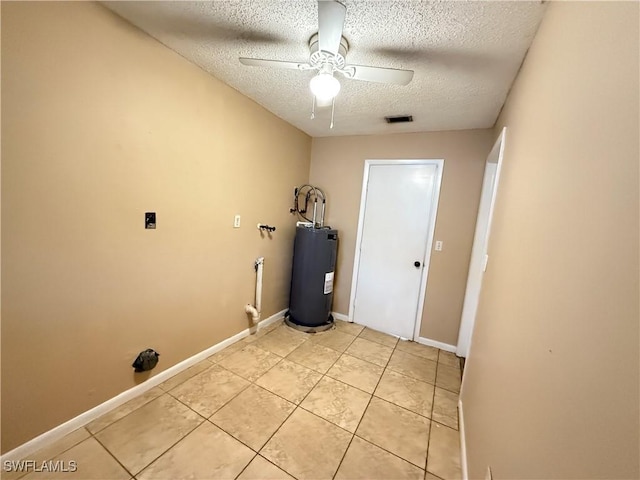 2807 E 8th St, Lehigh Acres, FL 33972 - washroom with electric water heater, a textured ceiling, a ceiling fan, light tile patterned floors, and baseboards