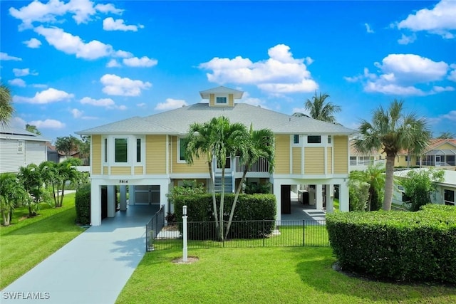 view of building exterior featuring a fenced front yard, stairs, a carport, and concrete driveway