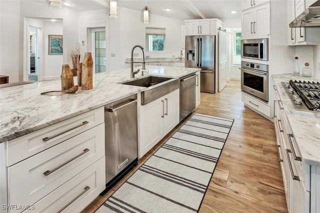 kitchen featuring appliances with stainless steel finishes, wall chimney range hood, hanging light fixtures, light wood-type flooring, and sink