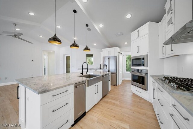 kitchen with appliances with stainless steel finishes, a center island with sink, sink, light hardwood / wood-style floors, and wall chimney exhaust hood