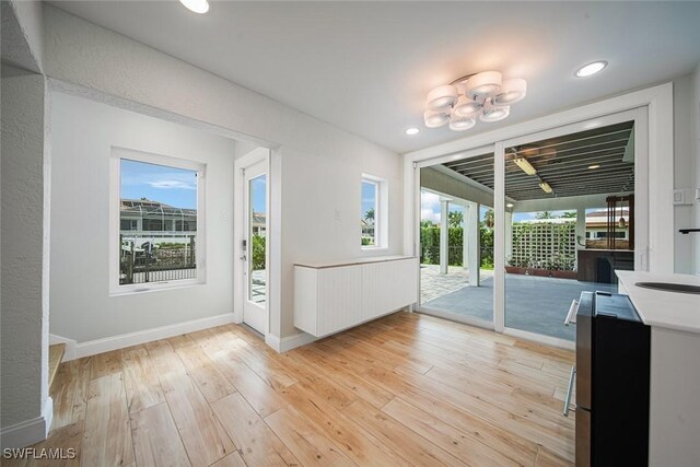 entryway with a wealth of natural light, light wood-style flooring, and baseboards