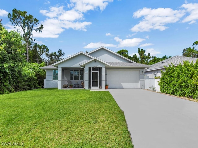 ranch-style house with a front yard, a garage, fence, concrete driveway, and stucco siding