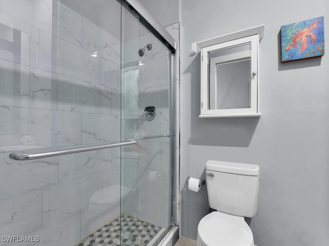 bathroom featuring toilet and a shower stall